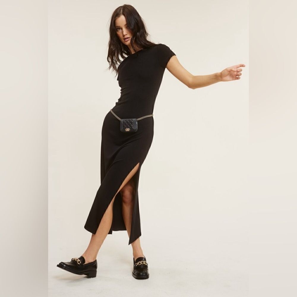 948. BASIC STRETCH JERSEY KIT MIDI SLIT DRESS- BLACK